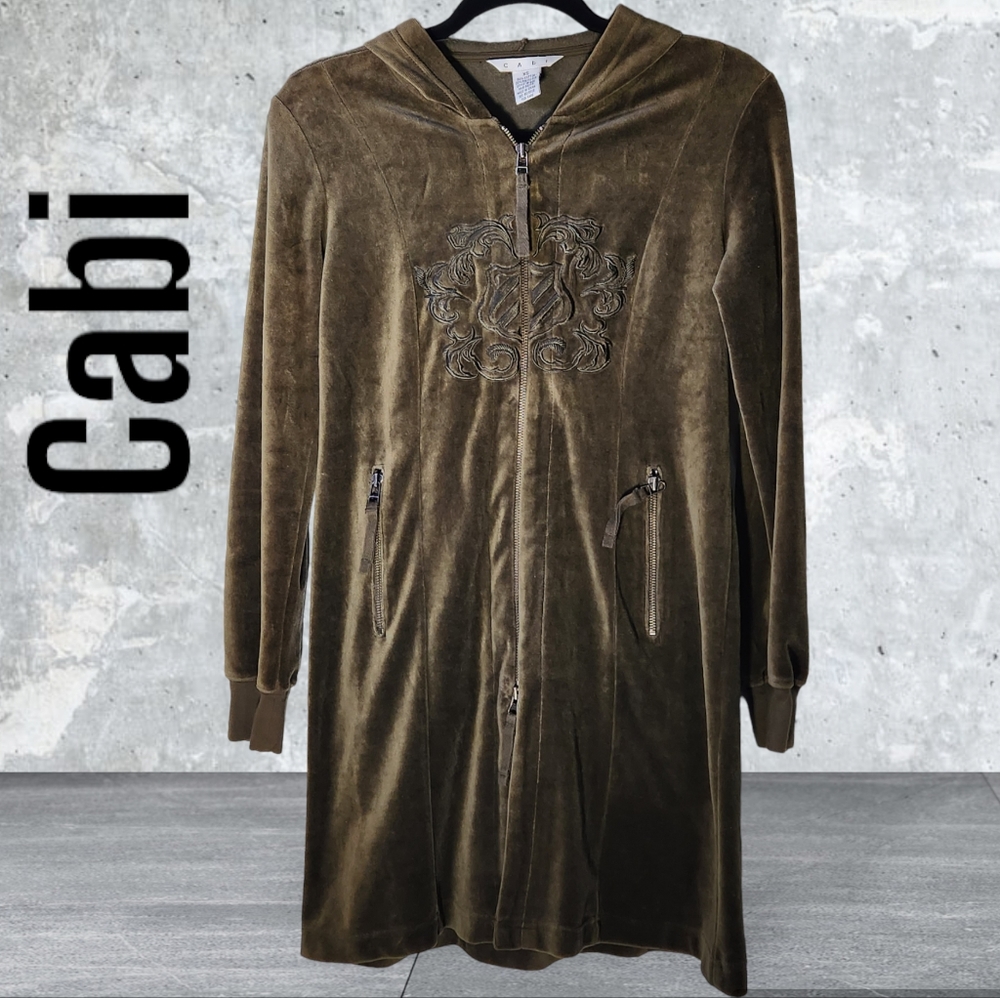Cabi olive green velvet velour zip up jacket coat with hood women's size…